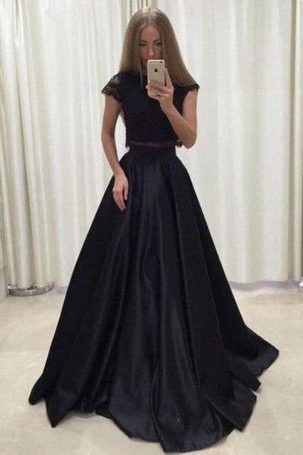 Lace Appliques Jewel Prom Dress UKes UK Two Piece Ruffles Sleeveless Evening Dress UKes UK