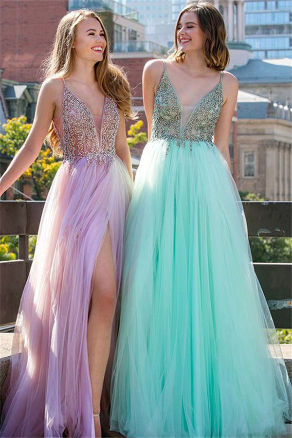 Sequins Spaghetti Strap Prom Dress UKes UK Sleeveless Tulle Side Slit Elegant Evening Dress UKes UK