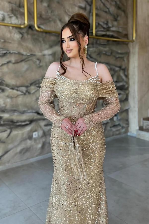 Gitter Square Neckline Sequins Sequins Mermaid Prom Dresses Long Sleeve