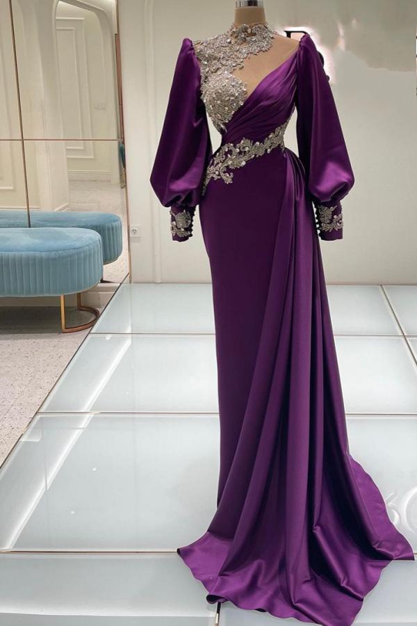 High Neck Long Sleeves Regency Evening Dress Lace Appliques Satin Form   27Dress.co.uk