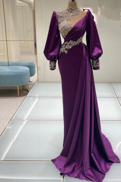 High Neck Long Sleeves Regency Evening Dress Lace Appliques Satin Formal Dress with Train-27Dress.co.uk