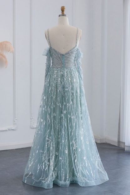 Charming Sequined Dubai Evening Dress Spaghetti Straps Aline Long Party Dress for Wedding