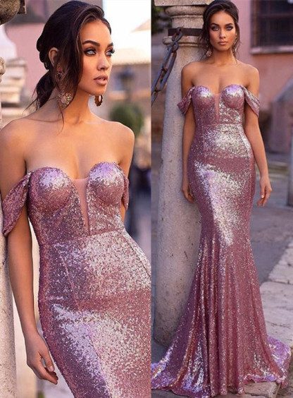 Elegant Purple Off-The-Shoulder Sequins Elegant Mermaid Long Evening Dress UK UK