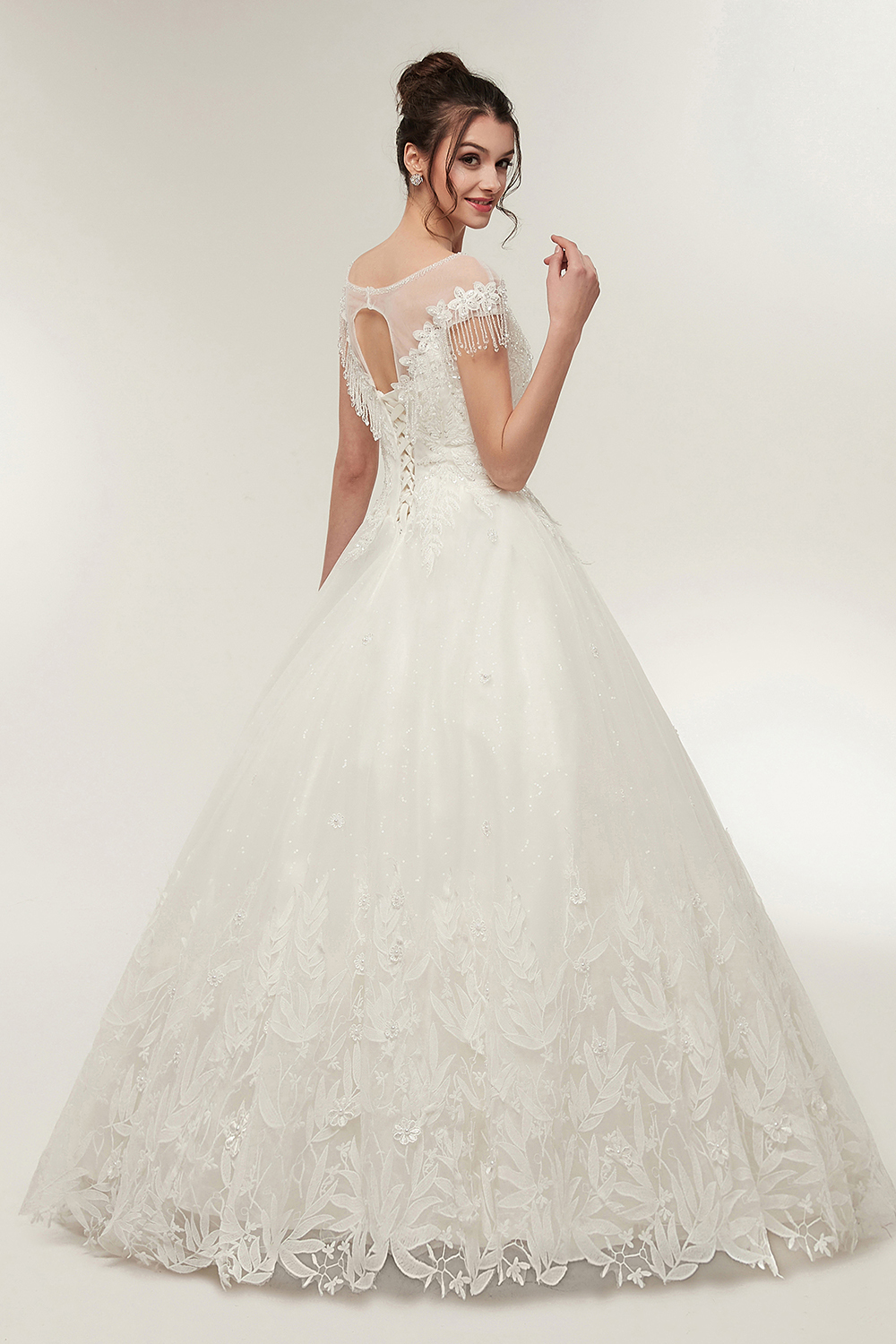 Cap Sleeves Scoop Tulle Lace Wedding Dress Aline Floor Length Crystals Bridal Dress