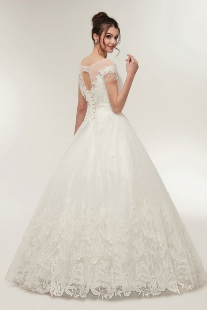 Cap Sleeves Scoop Tulle Lace Wedding Dress Aline Floor Length Crystals Bridal Dress