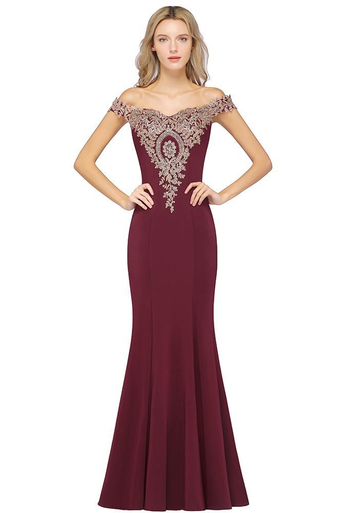 Off-the-Shoulder Mermaid Evening Dress Gold Appliques Long Prom Dress