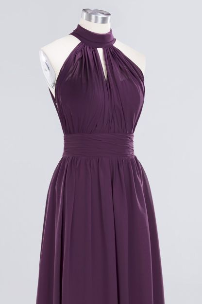 Gorgeous Grape Halter Long Bridesmaid Dress Ruffle Chiffon Wedding Guest Dress