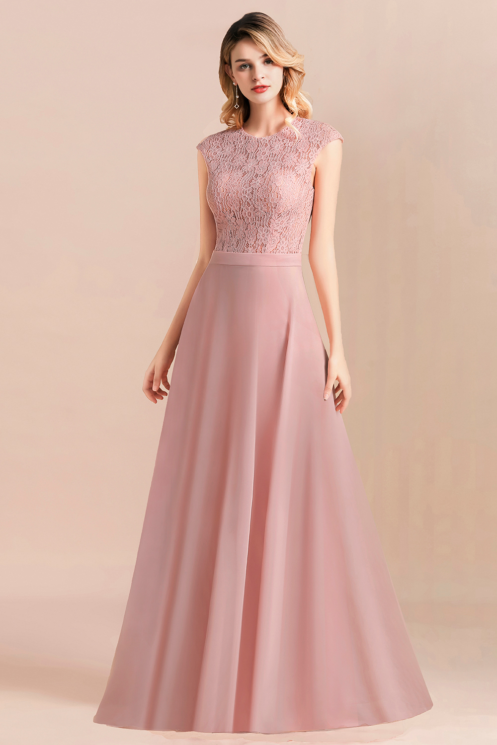 Elegant Scoop Neck Dusty Pink Lace Chiffon Bridesmaid Dress