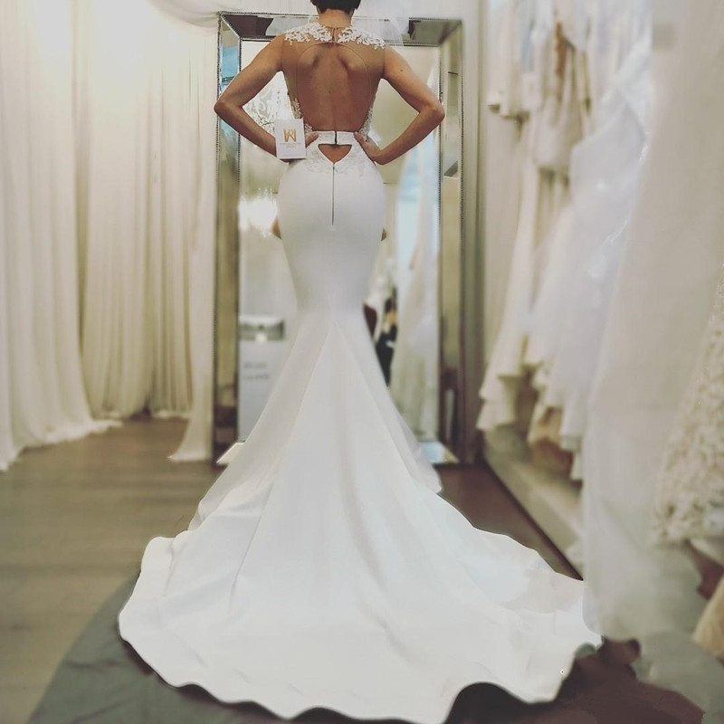 Elegant Sexy Mermaid Sleeveless Wedding Dresses UK Open Back Lace Wedding Dress Online
