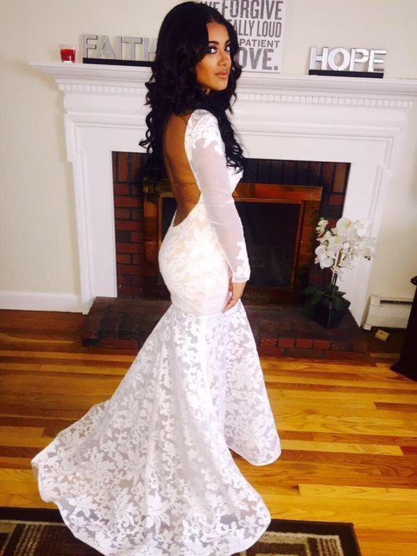 Floor-Length Sexy Mermaid Long Sleeves Scoop Neckline Applique Lace Wedding Dresses UK