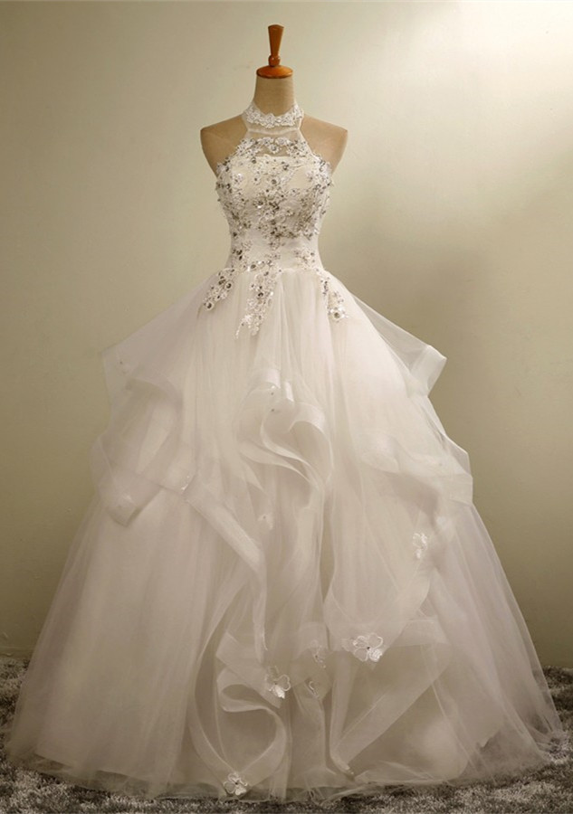 Modern High Neck Lace Appliques Beads Sleeveless Wedding Dress-27Dress.co.uk