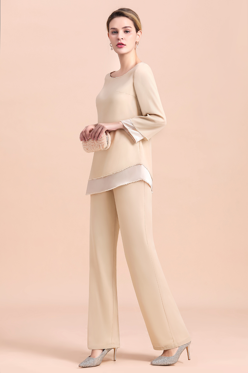 Round-Neck Champagne Chiffon Mother of Bride Jumpsuit for Wedding Guest