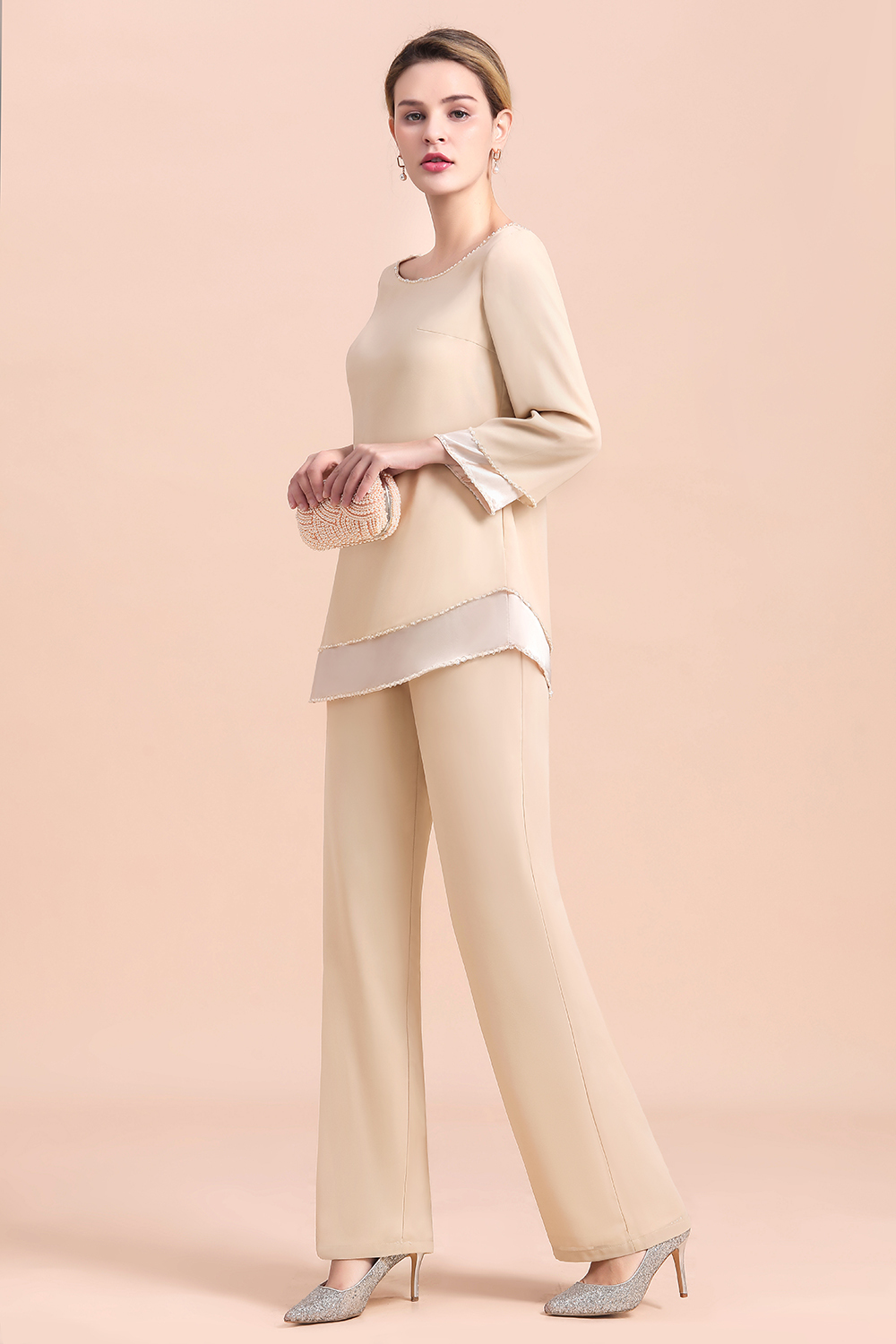 Round-Neck Champagne Chiffon Mother of Bride Jumpsuit for Wedding Guest