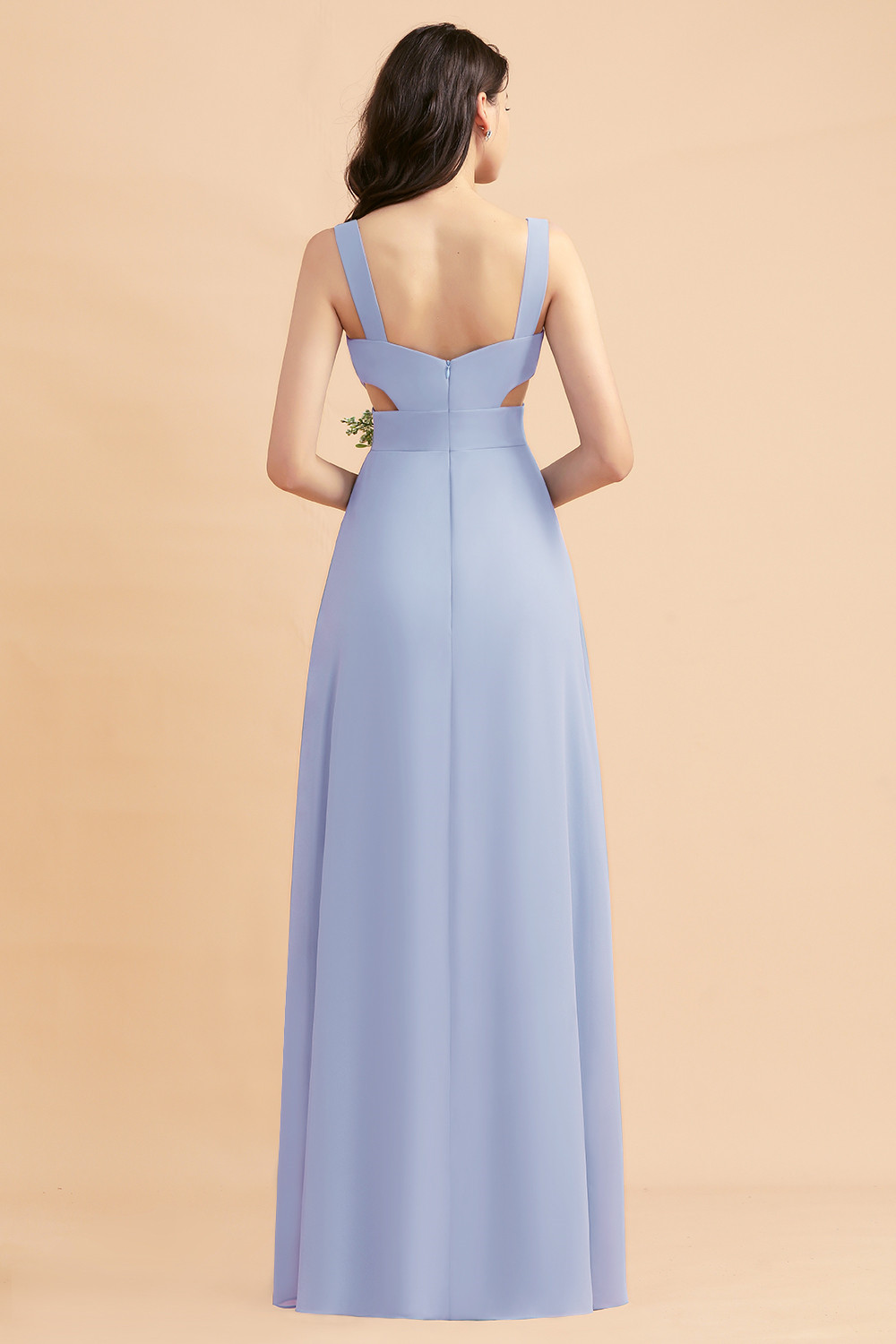 Dusty Blue Chiffon Bridesmaid Dress with Side Slit Long Wedding Guest Dress