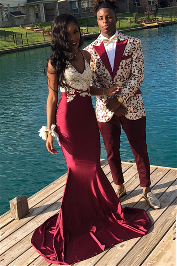 Burgundy Maroon Spaghetti Straps Applique Elegant Mermaid Sleeveless Prom Dress UKes UK UK