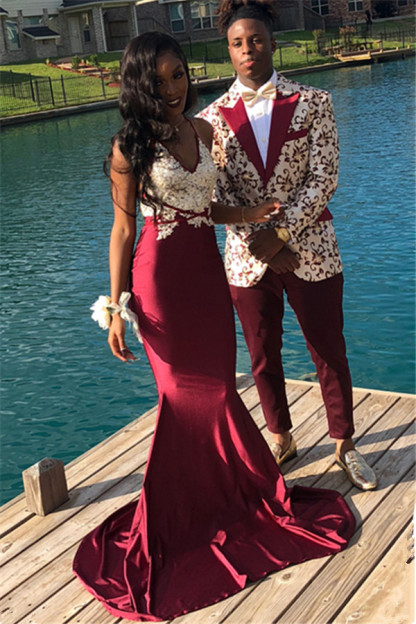 Burgundy Maroon Spaghetti Straps Applique Elegant Mermaid Sleeveless Prom Dress UKes UK UK