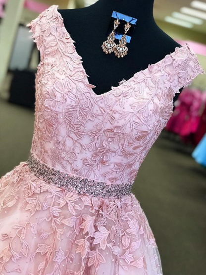 Fashion Pink Off-the-Shoulder Prom Dress UKes UK Lace Appliques Crystal Sleeveless Evening Dress UKes UK with Sash-27Dress.co.uk