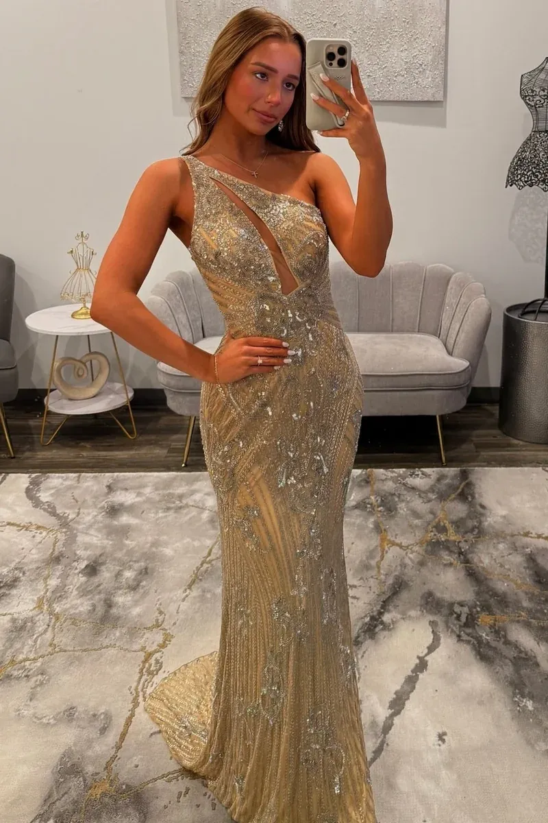 One-Shoulder Sequined Floor-Length Sheath Prom Dress Cut-out Evening Dress