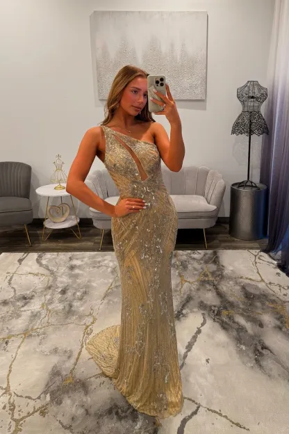 One-Shoulder Sequined Floor-Length Sheath Prom Dress Cut-out Evening Dress