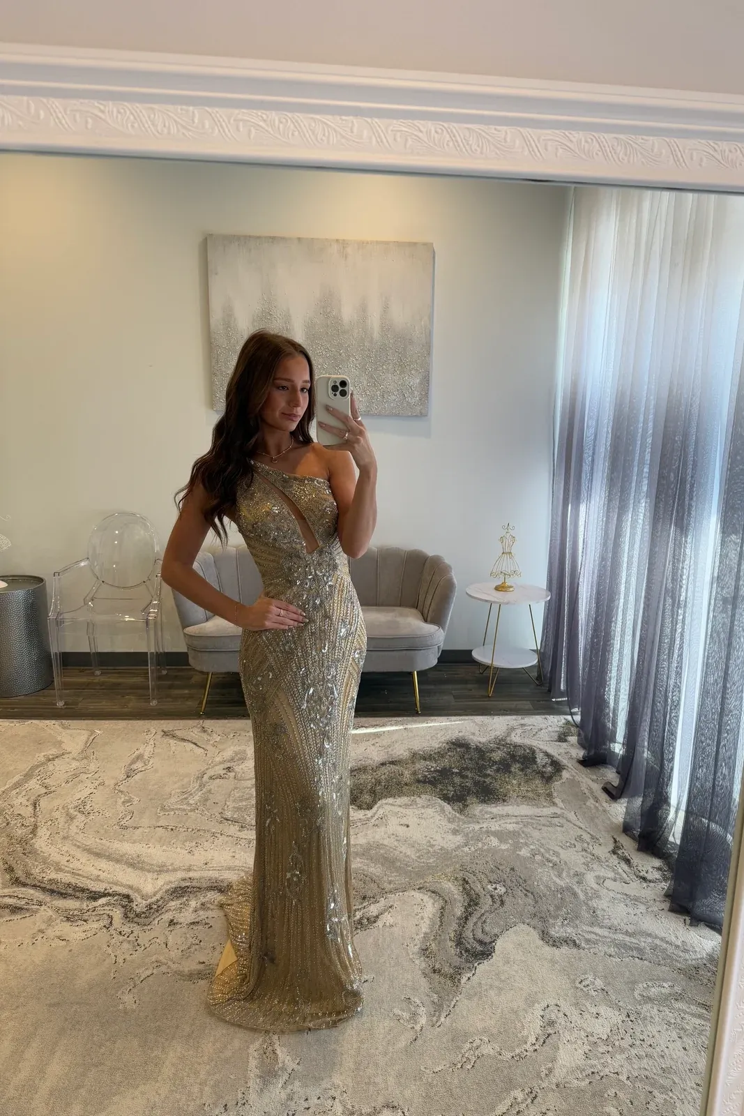 One-Shoulder Sequined Floor-Length Sheath Prom Dress Cut-out Evening Dress