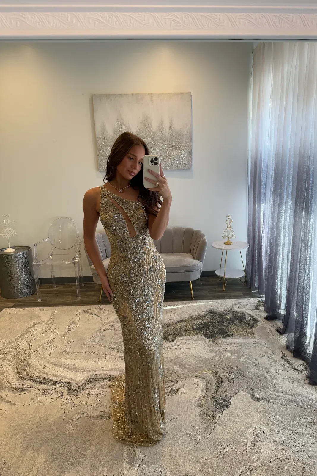 One-Shoulder Sequined Floor-Length Sheath Prom Dress Cut-out Evening Dress