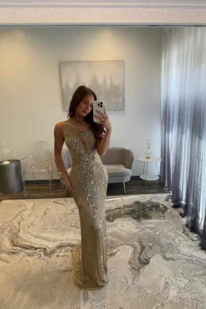 One-Shoulder Sequined Floor-Length Sheath Prom Dress Cut-out Evening Dress