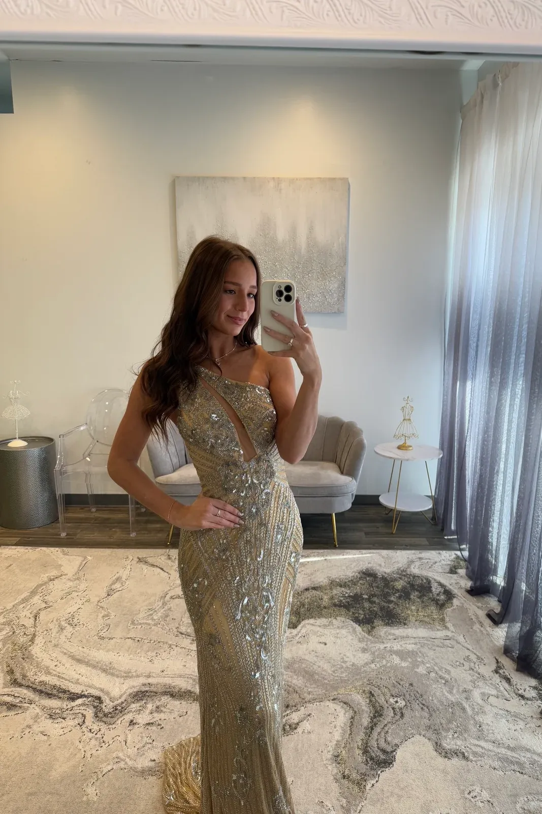 One-Shoulder Sequined Floor-Length Sheath Prom Dress Cut-out Evening Dress