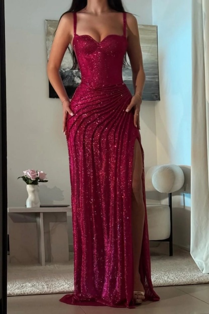Glitter Red Spaghetti Straps Floor-Length Mermaid Prom Dress with High Split