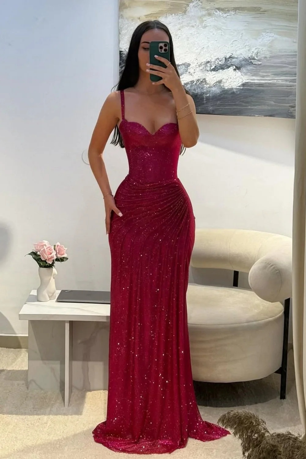 Glitter Red Spaghetti Straps Floor-Length Mermaid Prom Dress with High Split