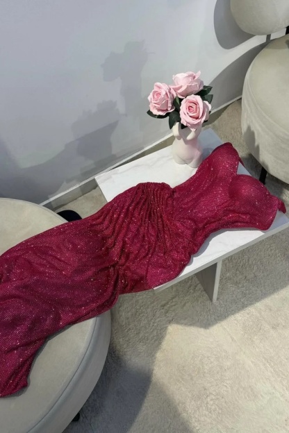 Glitter Red Spaghetti Straps Floor-Length Mermaid Prom Dress with High Split