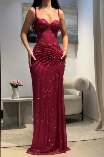 Glitter Red Spaghetti Straps Floor-Length Mermaid Prom Dress with High Split