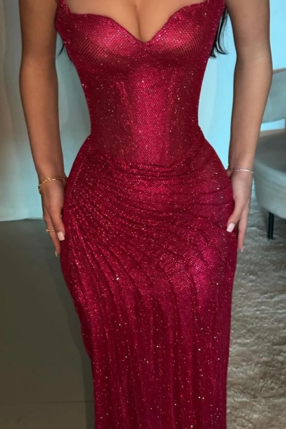 Glitter Red Spaghetti Straps Floor-Length Mermaid Prom Dress with High Split