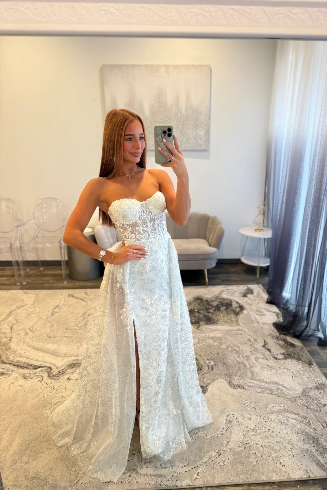 White Sweetheart Beaded Floor-Length Mermaid Prom Dress with High Split
