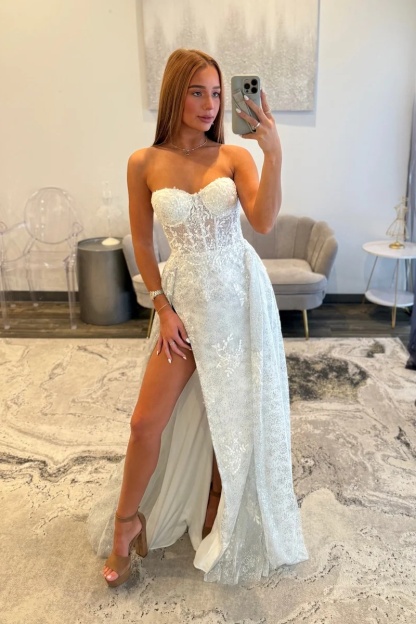 White Sweetheart Beaded Floor-Length Mermaid Prom Dress with High Split