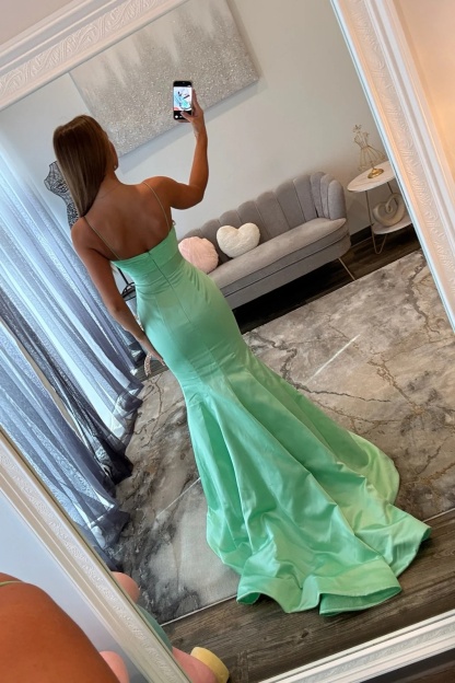 Mint Spaghetti Straps Satin Long Mermaid Prom Dress with Bow