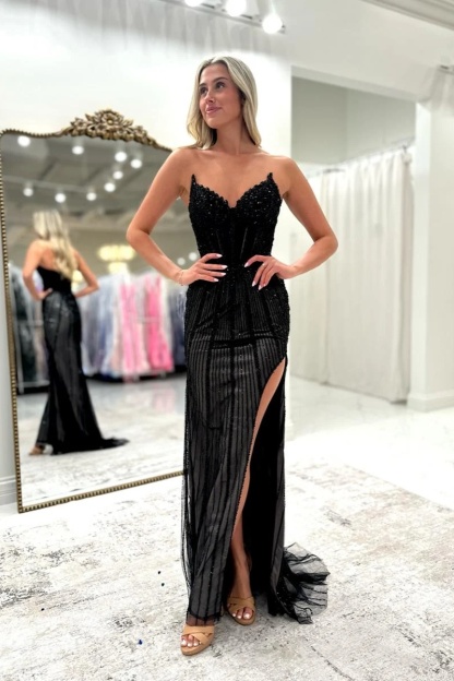 Champagne Sweetheart Beaded Corset Long Mermaid Prom Dress Split Evening Dress