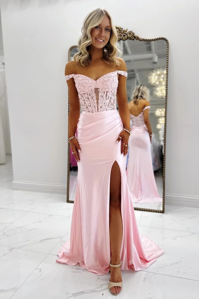 Pink Off-the-Shoulder Satin Corset Appliques Long Mermaid Prom Dress Split Evening Dress