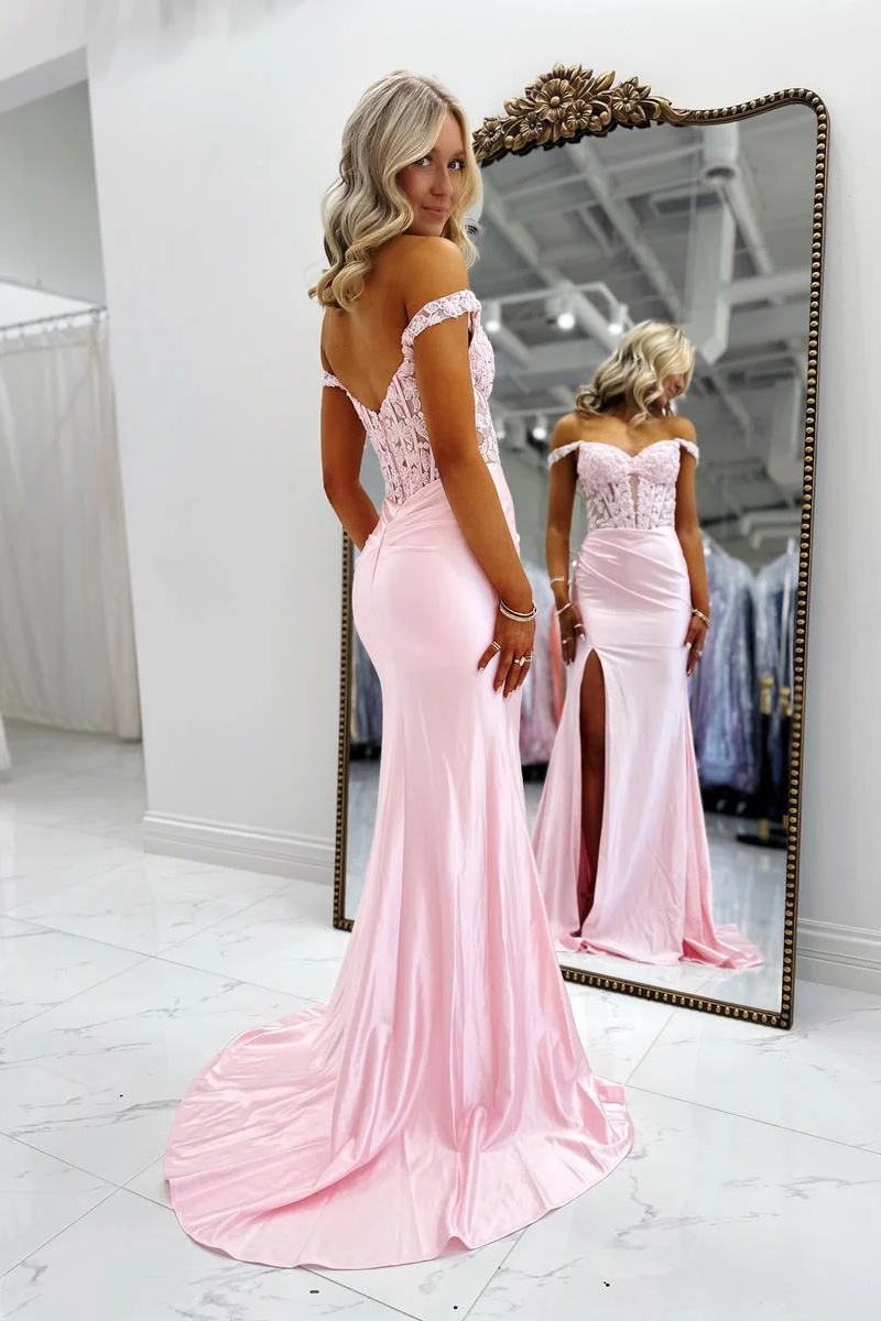 Pink Off-the-Shoulder Satin Corset Appliques Long Mermaid Prom Dress Split Evening Dress