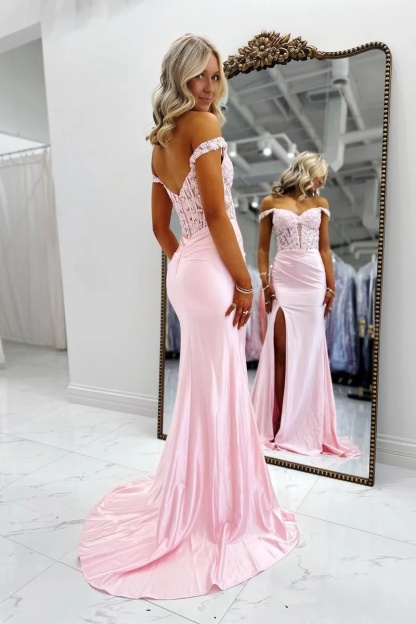 Pink Off-the-Shoulder Satin Corset Appliques Long Mermaid Prom Dress Split Evening Dress