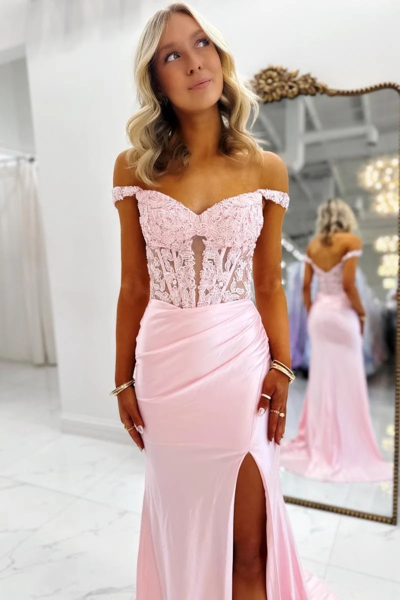 Pink Off-the-Shoulder Satin Corset Appliques Long Mermaid Prom Dress Split Evening Dress