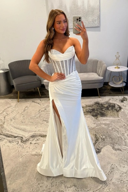 White Sweetheart Satin Beaded Corset Long Mermaid Prom Dress Split Evening Dress