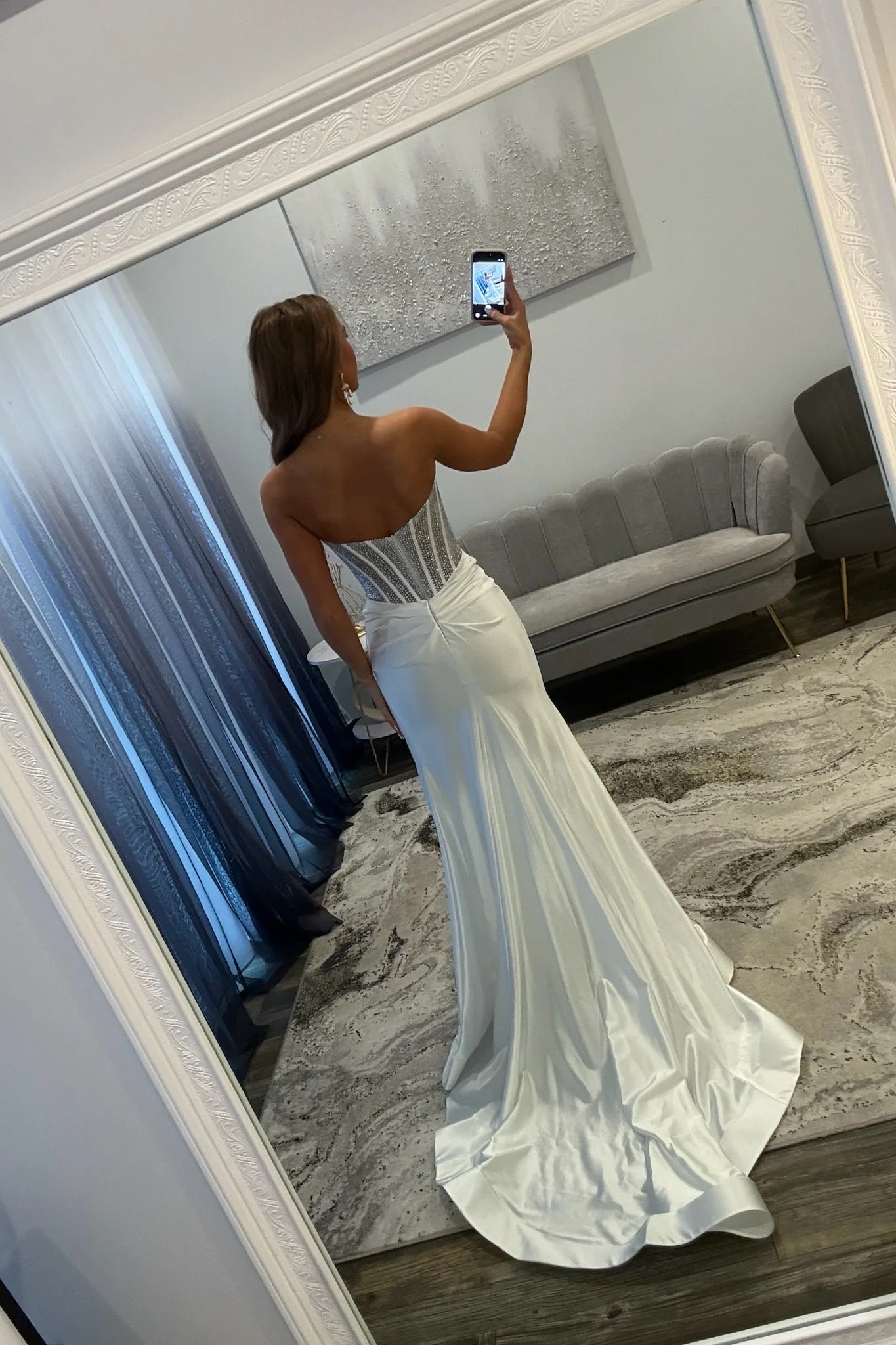 White Sweetheart Satin Beaded Corset Long Mermaid Prom Dress Split Evening Dress