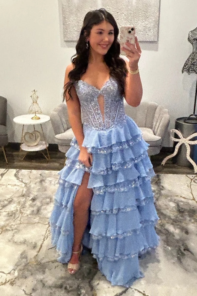 Yellow Sweetheart Chiffon Ruffles Lace Appliques A-Line Prom Dress