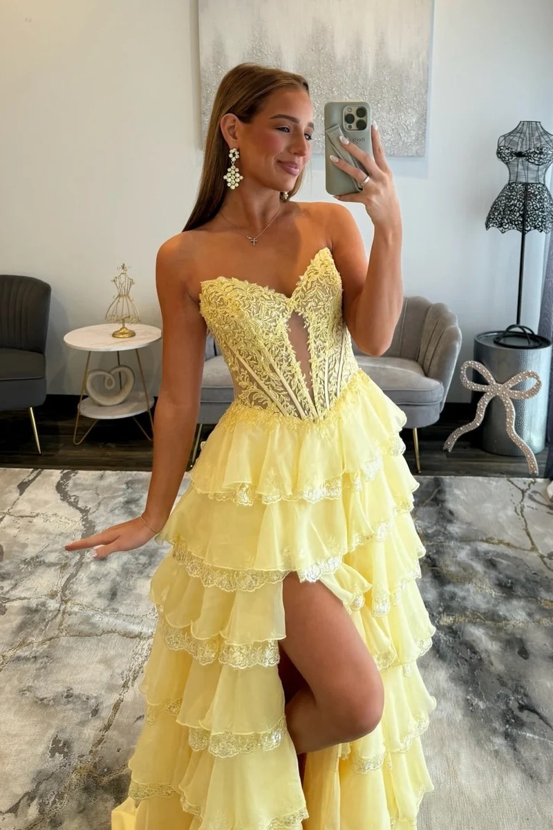 Yellow Sweetheart Chiffon Ruffles Lace Appliques A-Line Prom Dress