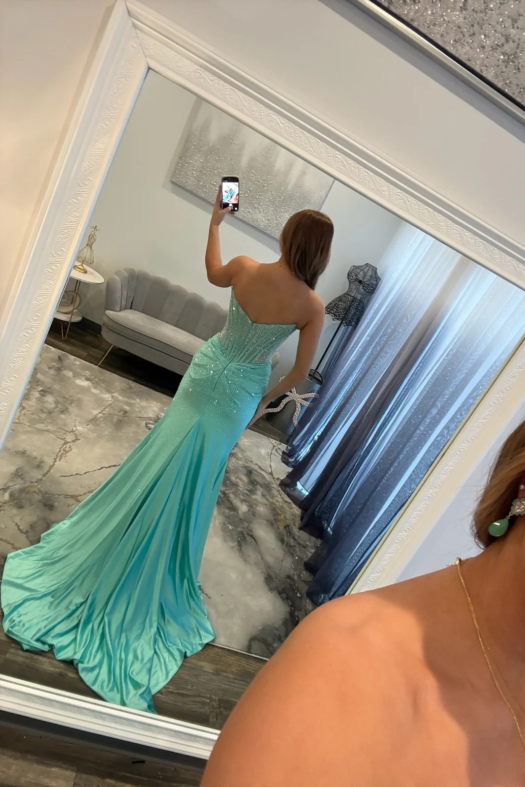 Sliver Sweetheart Satin Beaded Mermaid Prom Dress with High Split