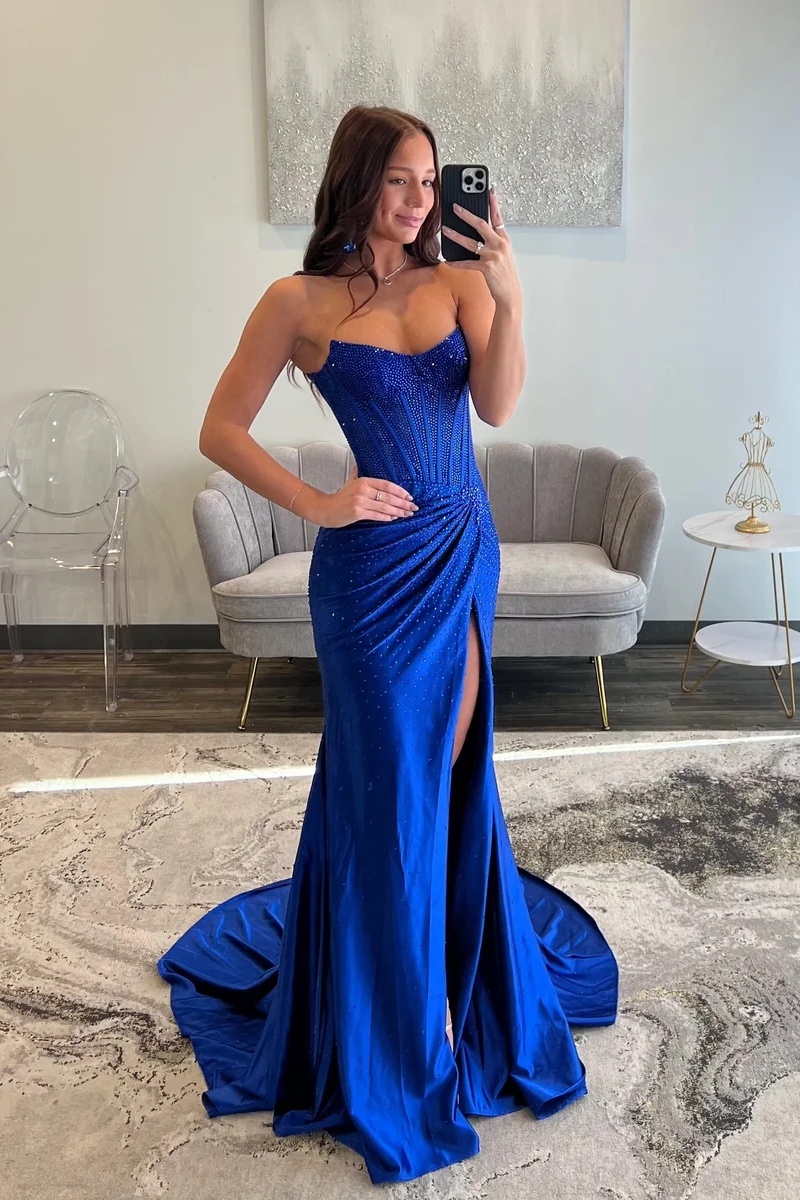 Sliver Sweetheart Satin Beaded Mermaid Prom Dress with High Split