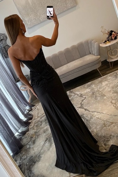 Sliver Sweetheart Satin Beaded Mermaid Prom Dress with High Split