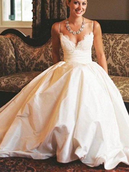 Sweep Train Ruched A-Line Satin V-Neck Sleeveless Wedding Dresses UK