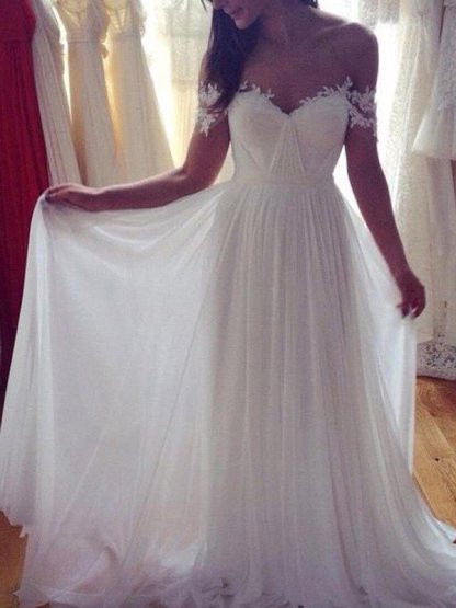 Sweep Train A-Line Sleeveless Applique Lace Off-the-Shoulder Wedding Dresses UK