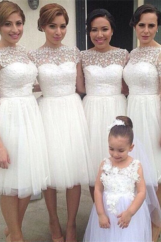 Romantic White Tulle Lace Bridesmaid Dress UK Short Sleeve